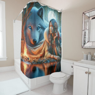 Peaceful night by river: Native and wolf Shower Curtain