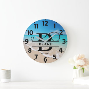 Peaceful Ocean Beach B Monogram Large Clock