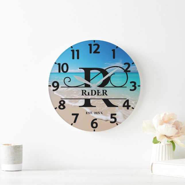 Peaceful Ocean Front R Monogram Large Clock (Home)
