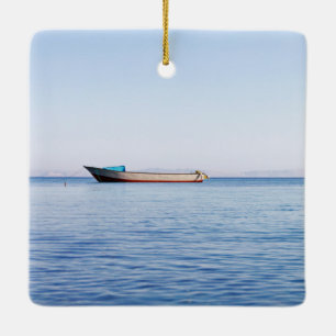 Peaceful Ocean & Solitary Boat Fine Art Photo Ceramic Tree Decoration