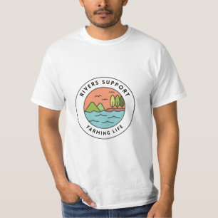Peaceful Orange Blue Retro River Farming Design T-Shirt