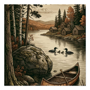 Peaceful Pine Forest River And Wooden Boat Nature  Poster