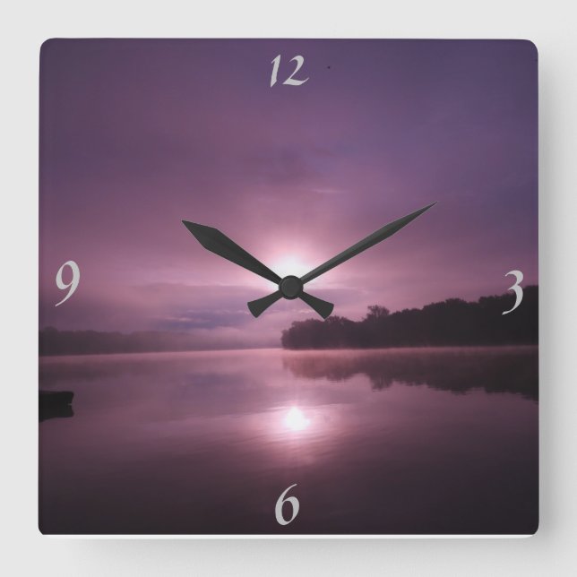 Peaceful Pink/Plum Sunrise Landscape over Water Square Wall Clock (Front)