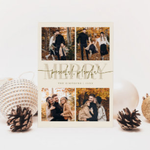 Peaceful Playful Merry Beige Christmas Multi Photo Holiday Card