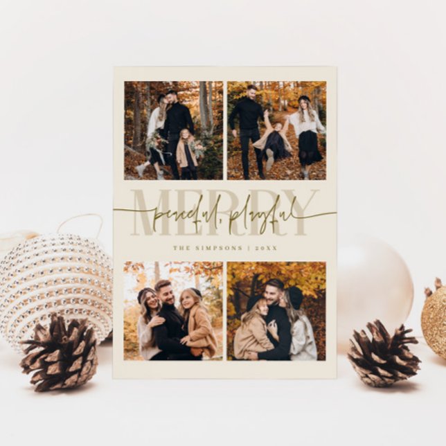 Peaceful Playful Merry Beige Christmas Multi Photo Holiday Card (Creator Uploaded)