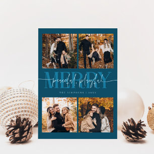 Peaceful Playful Merry Teal Christmas Multi Photo Holiday Card