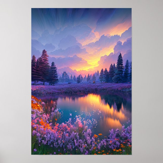 Peaceful Pond amid Violet Flora Poster (Front)