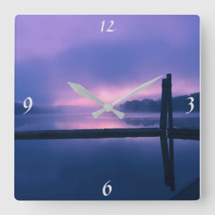Peaceful Purple/Pink Sunrise Landscape over Water Square Wall Clock