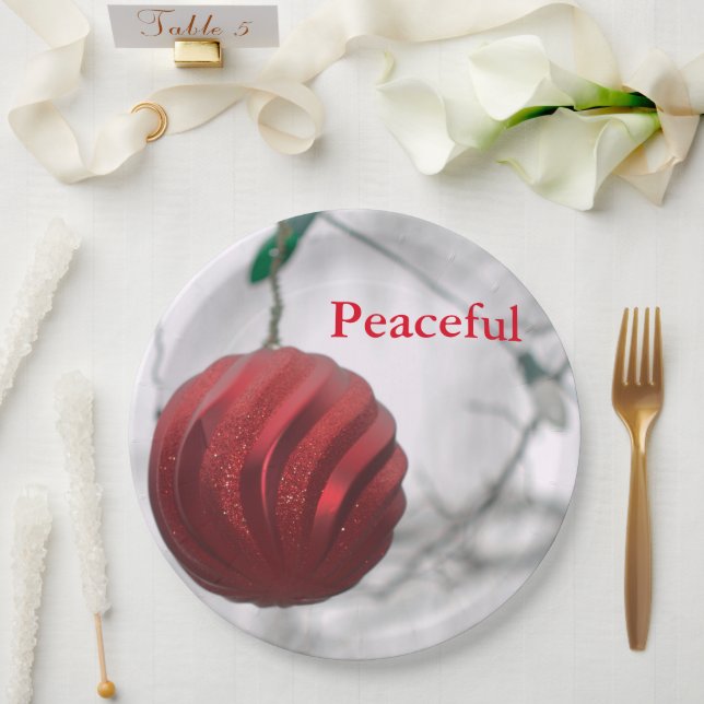 Peaceful Red Striped Sparkly Ornament Ball Paper Plate (Wedding)