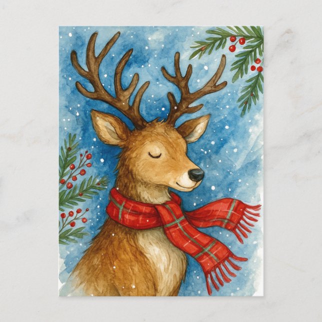 Peaceful Reindeer Red Scarf Christmas Postcard (Front)