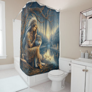 Peaceful river moment with a wolf shower curtain