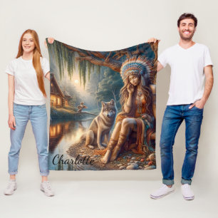 Peaceful riverside with a wolf friend fleece blanket
