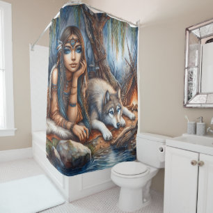 Peaceful riverside with a wolf friend shower curtain