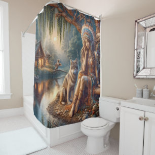 Peaceful riverside with a wolf friend shower curtain