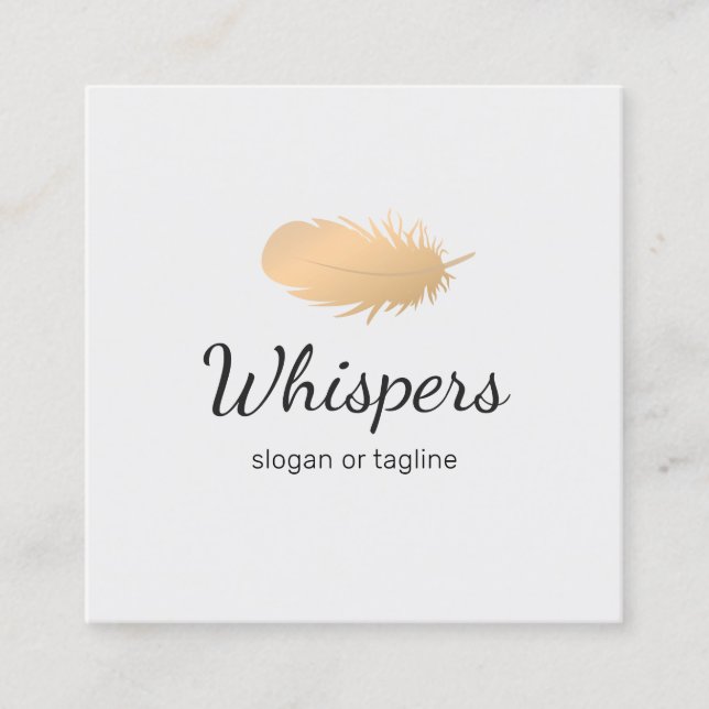 Peaceful Rose Gold Feather Logo Square Business Card (Front)