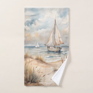 Peaceful Sailing Watercolor Coastal Bath Towel Set