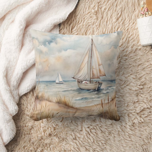 Peaceful Sailing Watercolor Coastal Cushion (Blanket)