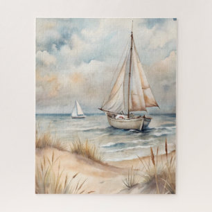 Peaceful Sailing Watercolor Coastal Jigsaw Puzzle