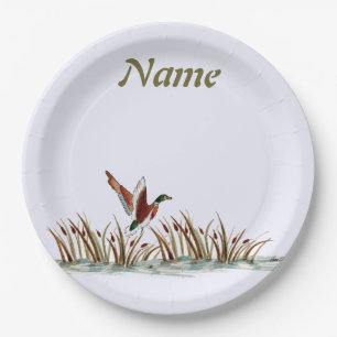 Peaceful Scene Mallard Duck Over Cattails Paper Plate