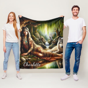 Peaceful scene: Native Indian and wolf Fleece Blanket