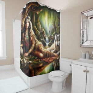 Peaceful scene: Native Indian and wolf Shower Curtain