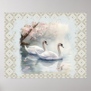 Peaceful Scene Swans on Lake - Teal Tan  Poster