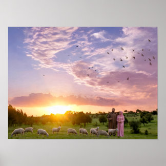 Peaceful Sheep Grazing at Sunset Poster - Moroccan