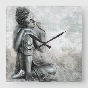 Peaceful Silver Buddha Square Wall Clock