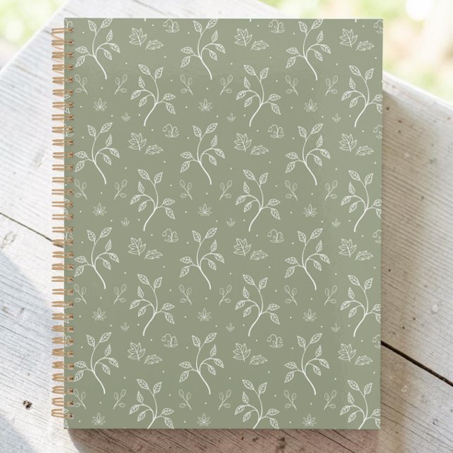 Peaceful Simple Leaves in Olive Green Planner (A sage green planner notebook, decorated with white leaves and plants in a dainty feminine pattern.)