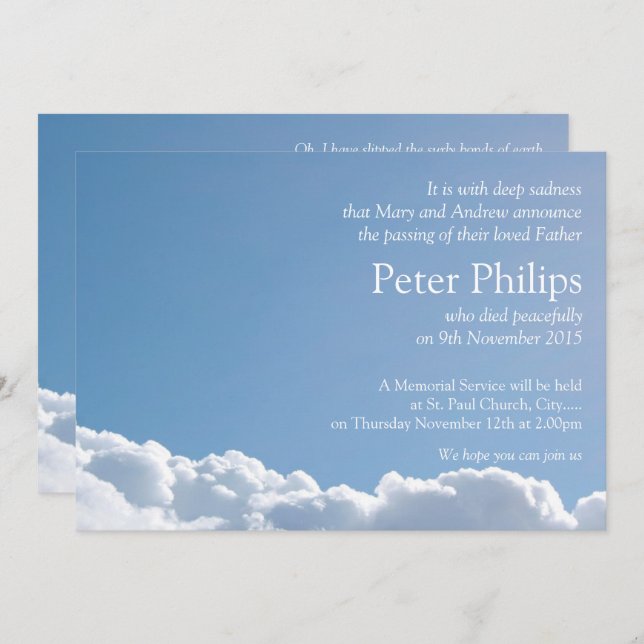 Peaceful Sky 2 with poem Funeral Announcement (Front/Back)