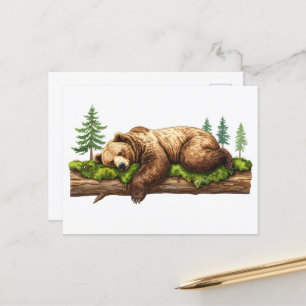Peaceful Sleeping Grizzly Bear Forest Illustration Postcard