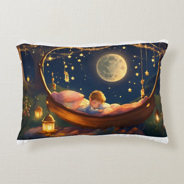 "Peaceful Slumber: A Boy's Nighttime Rest" Decorative Cushion (Front)