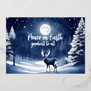 Peaceful Snow Winter Forest Full Moon and Buck Foil Holiday Card