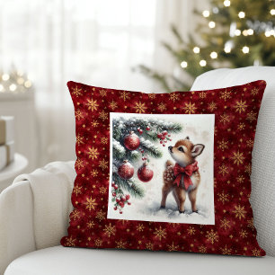 Peaceful snowy forest baby fawn Christmas pillow 