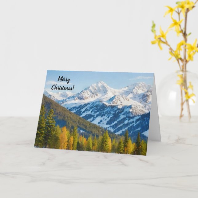 Peaceful Snowy Mountains Trees Holiday Christmas Card (Yellow Flower)