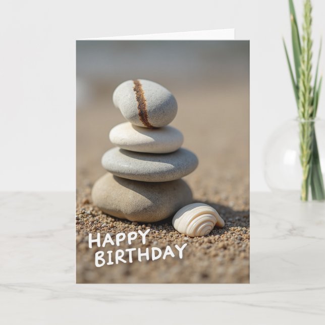 Peaceful Stone Stack Birthday Card (Front)