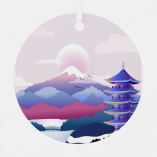 Peaceful Temple Scenery At Dawn Metal Tree Decoration