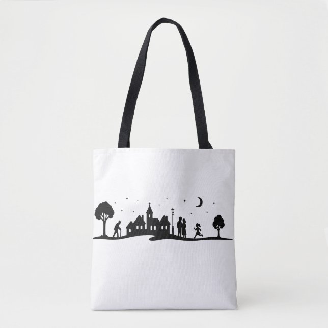 Peaceful Village Night Silhouette Scene Tote Bag (Front)