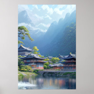 Peaceful Village on the Riverbank Poster
