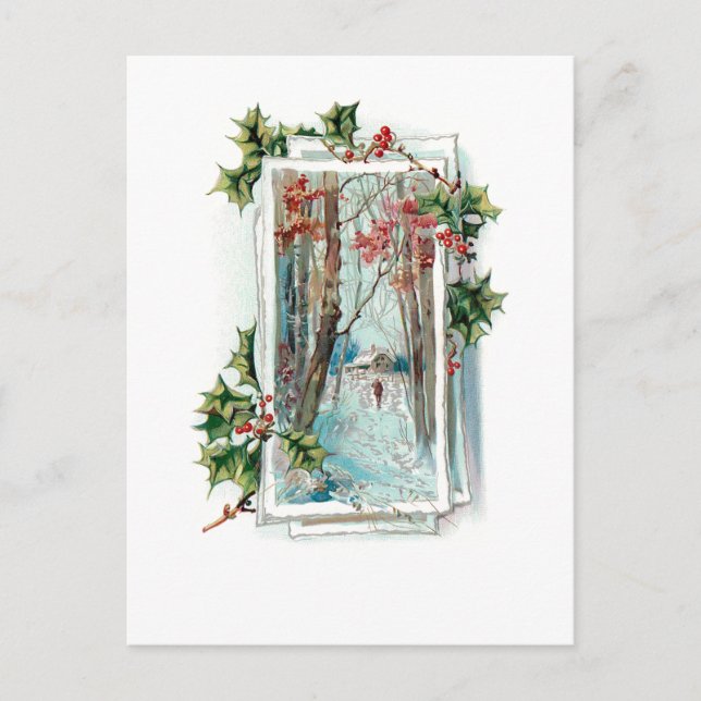 Peaceful Vintage Winter Snow Scene with Holly Postcard (Front)