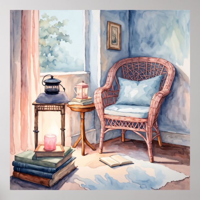 Peaceful Watercolor Reading Nook Art Print (Front)