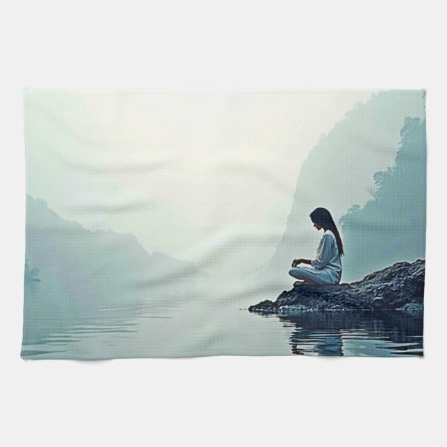 Peaceful Waterside Meditation Design Tea Towel (Horizontal)