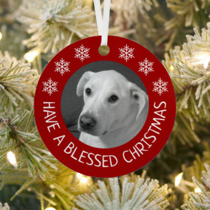 Peaceful White Dog Photo Merry Christmas Red Metal Tree Decoration