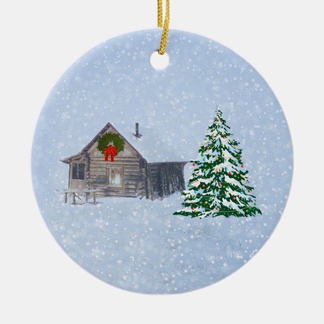 Peaceful Winter Christmas Cabin Ceramic Ornament (Front)