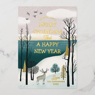 Peaceful Winter Forest & Deer   Gold Christmas Foil Holiday Card