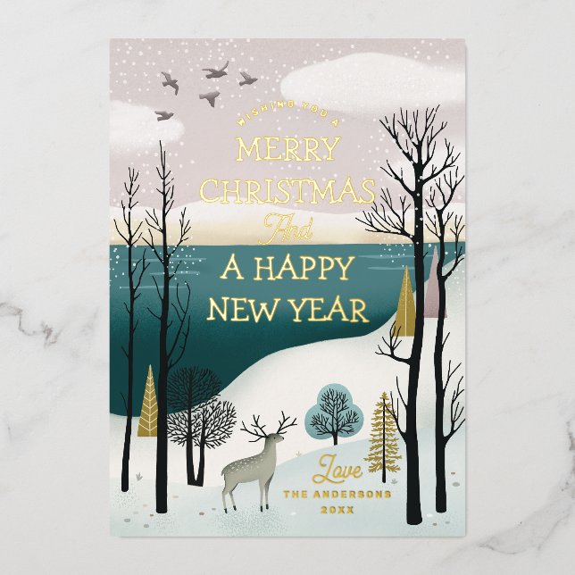 Peaceful Winter Forest & Deer | Gold Christmas Foil Holiday Card (Front)