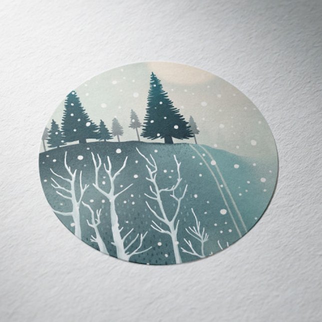 Peaceful Winter Forest Scene | Christmas Holiday Classic Round Sticker (Creator Uploaded)