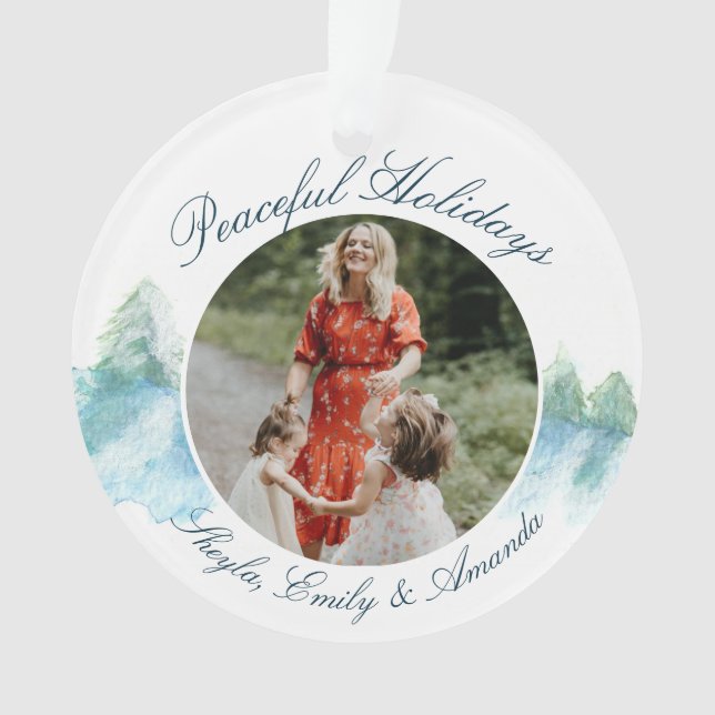 Peaceful Winter Forest Watercolor Script Photo Ornament (Front)