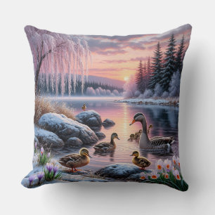 Peaceful Winter Lake Scene with Ducks Cushion