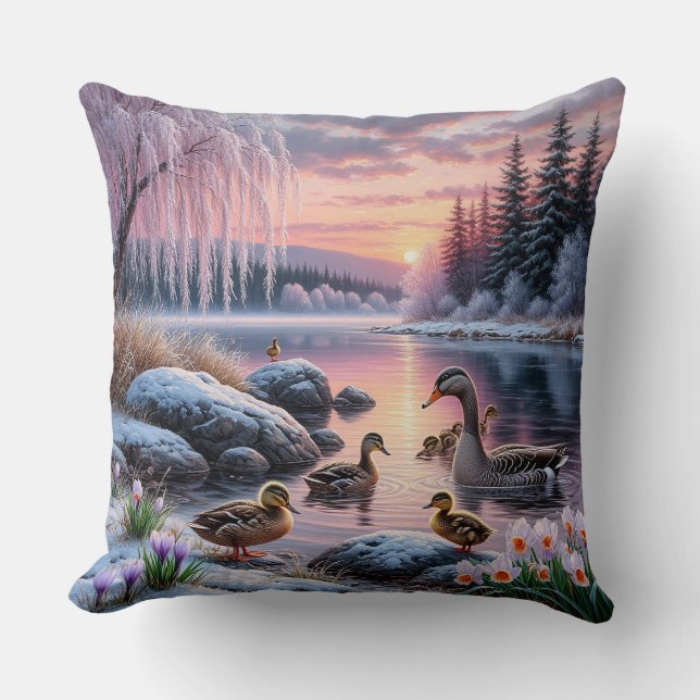 Peaceful Winter Lake Scene with Ducks Cushion (Front)